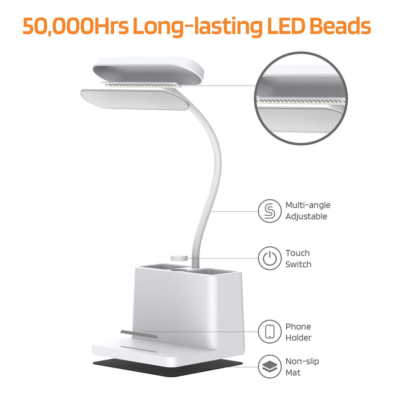 [Australia - AusPower] - LED Desk Lamp with Pen Holder, AXX Desk Light for Computer/Desktop - White, Rechargeable, Eye-Caring, Flexible Gooseneck - Bedside Table Lamp for Reading, Small Study Lamp for Kids, Home, Office, Dorm 