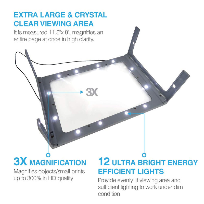 [Australia - AusPower] - 3X Large Full Page Magnifier with 12 LED Lights[Provide Evenly Lit Viewing Area], Foldable Flip-Out Legs, Dual Power Supply Modes- Ideal for Hands Free Reading, Low Vision, Seniors with Aging Eyes 