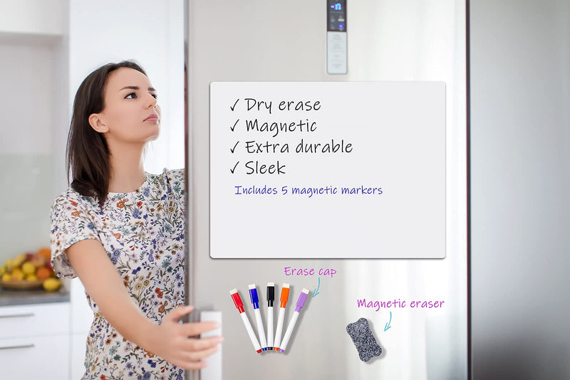 [Australia - AusPower] - 17"x12" Magnetic Whiteboard for Fridge with Stain-Resistant Technology, Including 5 Markers and a Big Eraser with Magnets, Refrigerator Magnet Board Planner in Flat Package 