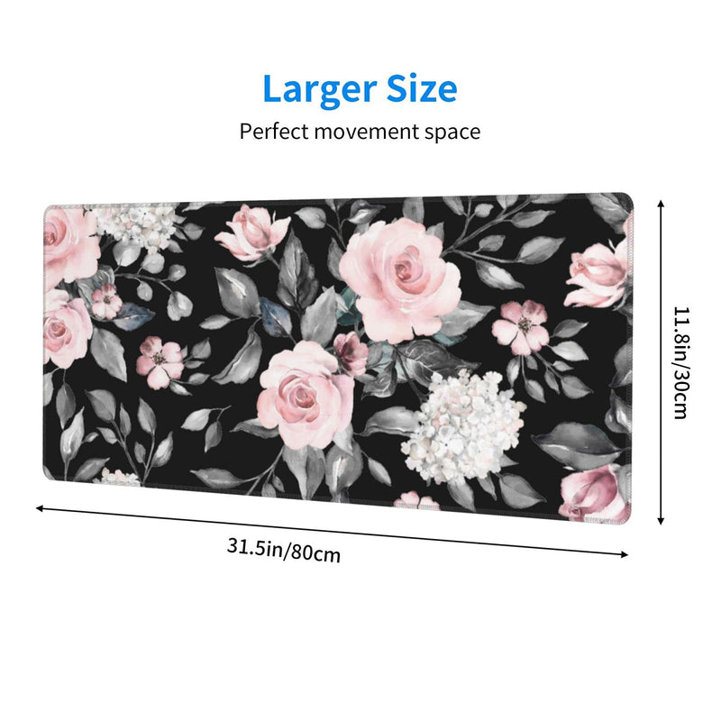 [Australia - AusPower] - Floral Extended Gaming Mouse Pad Non-Slip Rubber Base Black Large Mousepad 31.5x11.8in with Stitched Edge Waterproof Pink Peony Flowers Pads Computer Black Desk Laptop Mats for Work/Game/Office/Home Flower 