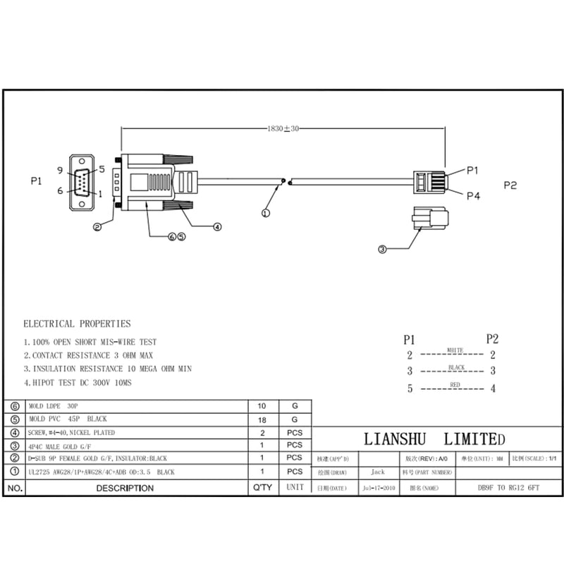 [Australia - AusPower] - LIANSHU Nexstar RS 232 PC Interface Cable(RS 232 DB9Pin Female to RJ11 4P4C) L=6FT Black (1Pack) 1Pack 