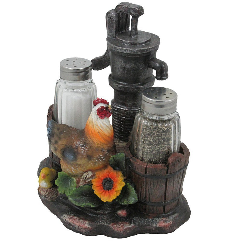 [Australia - AusPower] - Farm Chicken and Old Fashioned Water Pump Glass Salt and Pepper Shaker Set with Holder Figurine in Country Kitchen Rooster Decor, Sculptures and Statues and Rustic Gifts for Farmers 