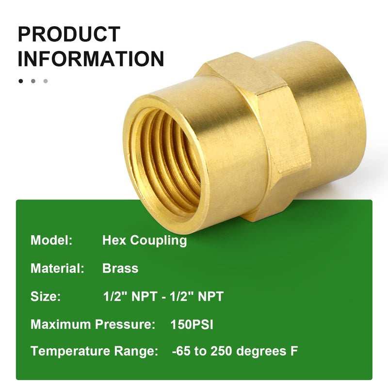 [Australia - AusPower] - TAISHER 5PCS Brass Pipe Fitting, Coupling, 1/2-Inch Female Pipe x 1/2-Inch Female Pipe 1/2" NPT 5 