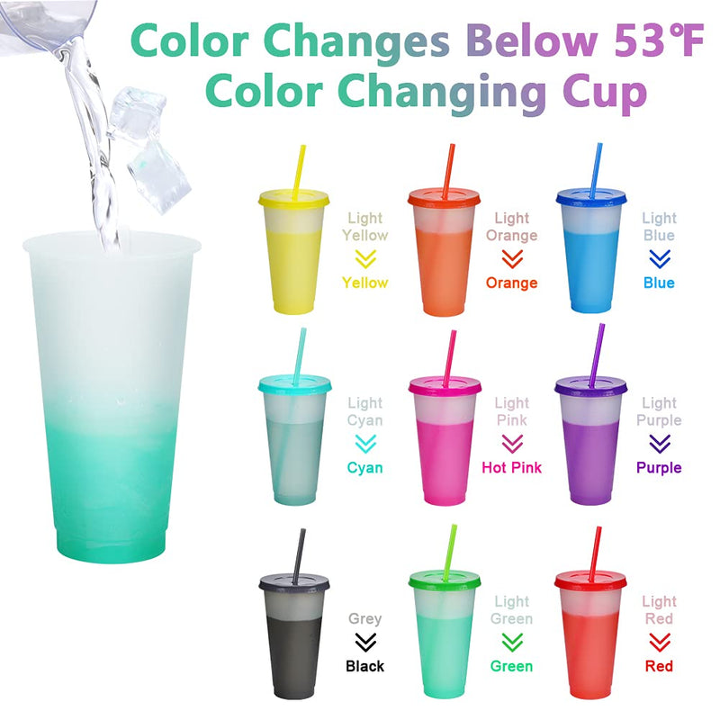 [Australia - AusPower] - Reusable Plastic Tumblers with Lids & Straws - 9 Pcs 24oz Large Color Changing Cups for Adults Kids Women Party | Tall Iced Cold Straw Drinking Cute Tumbler Cup Bulk 