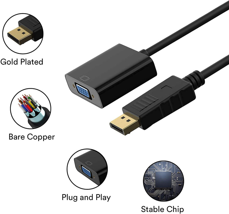 [Australia - AusPower] - DP to VGA Adapter,Display Port to VGA Adapter Gold-Plated (Male to Female) Compatible with Computer Desktop Laptop PC Monitor Projector HDTV Black DP TO VGA 