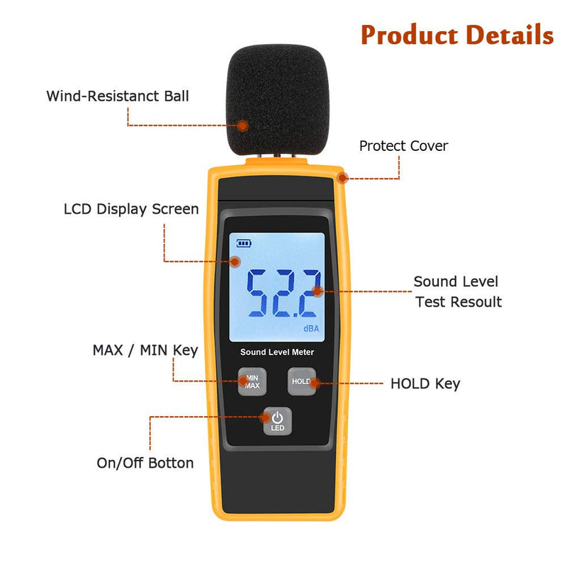 [Australia - AusPower] - Hand-Held Sound Level Meter,V-Resourcing 30~130 dB Decibel Noise Measurement Tester with Backlight Digital LCD Display for Indoor/Outdoor Uses [Max/Min/Hold Function] Orange 