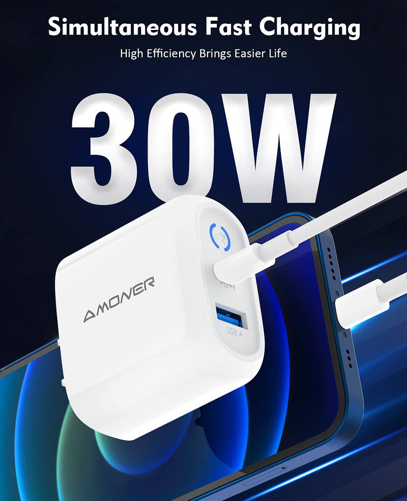 [Australia - AusPower] - iPhone Charger, Amoner Dual Ports 30W USB C Charger for USB C and USB A Port USB C Power Wall Adapter for iPhone Xs/XS Max/SR/iPhone 11/11 pro/iPhone 12/12Pro and More 