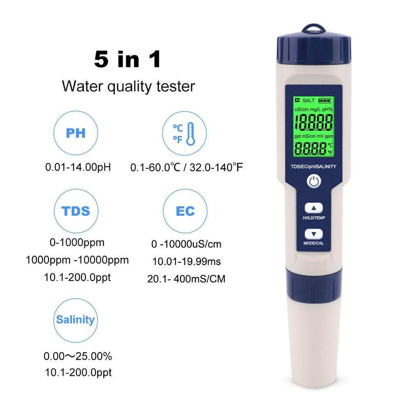 [Australia - AusPower] - PH Meter, EZ-9909 5 in 1 High Accuracy Portable Digital Water Quality Tester, for Measuring PH Salinity TDS EC Temperature, with Backlight Screen, IP67 Waterproof 