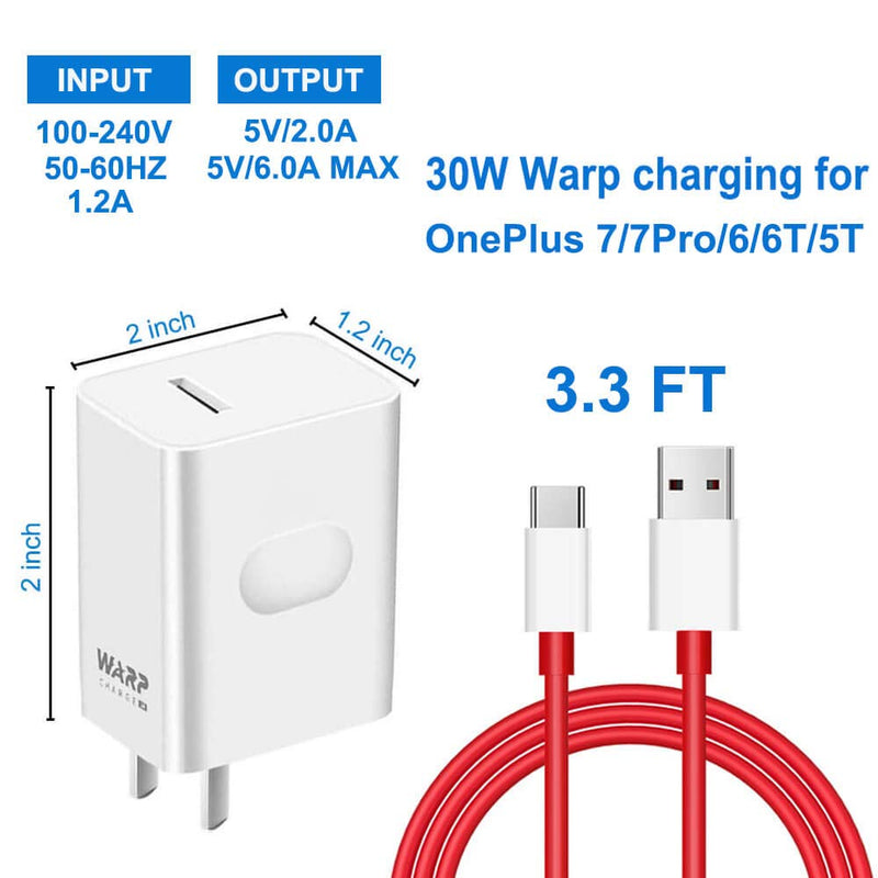 [Australia - AusPower] - OnePlus 8 pro Warp Charger,30W Quick Rapid Charge Power AC Wall Adapter [5V 6A] with USB-C Fast Charging Data Cable（3.3FT Compatible with OnePlus 8/7Pro/ 6T/ 6/ 5T/ 5/ 3T/ 3 (White) white 