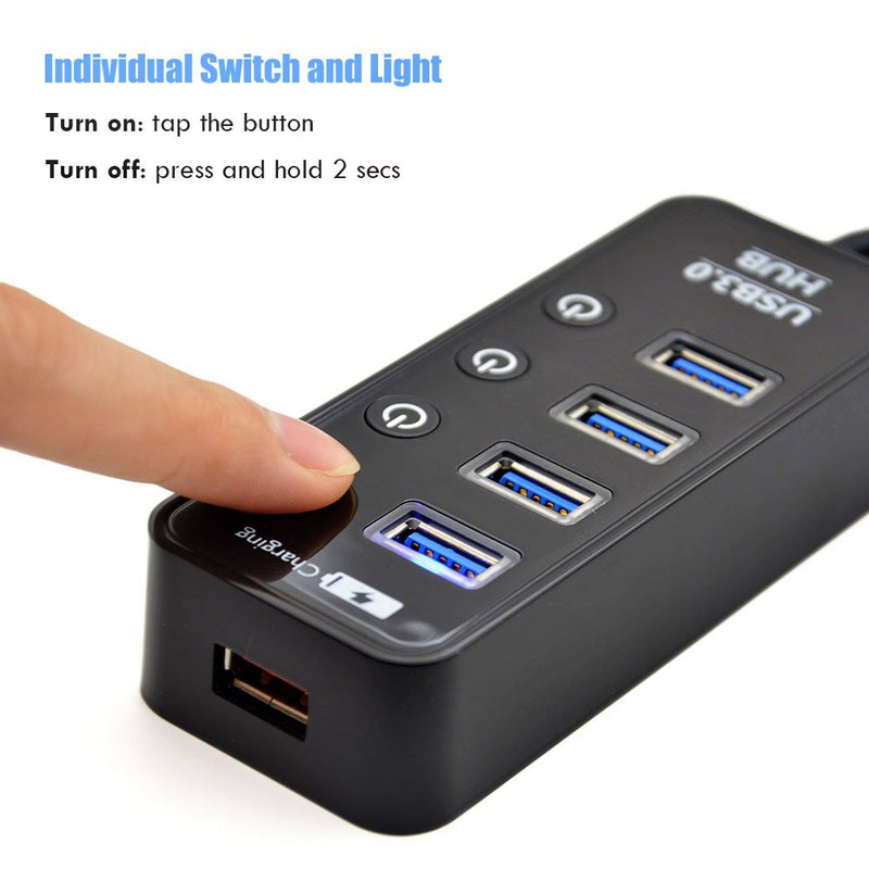 [Australia - AusPower] - USB Hub 3.0 Powered, LYFNLOVE USB Extender 4-Port Data USB Hub with Power Adapter and 1 Smart Charging Port, USB Splitter with On/Off Switches for MacBook, Mac Pro/Mini, iMac, Surface Pro Laptop/PC 