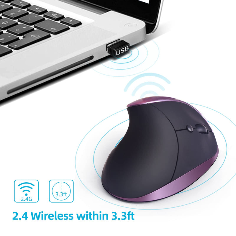 [Australia - AusPower] - Ergonomic Mouse Wireless,Rechargeable Vertical Mouse with 6 Buttons 3 Adjustable 800/1200/1600 DPI for Laptop, Desktop, PC, MacBook (Purple) Purple 