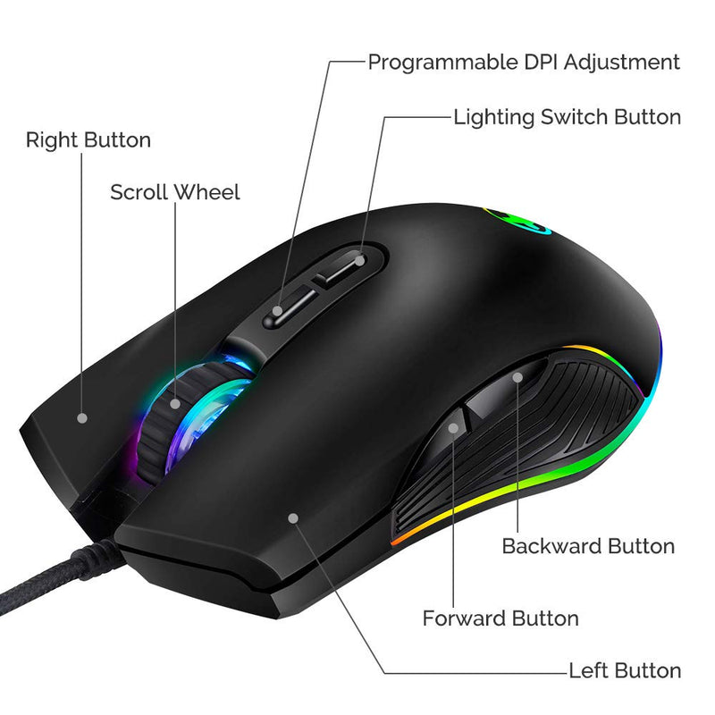[Australia - AusPower] - Ergonomic Gaming Mouse with 4 Backlight Modes up to 3200 DPI，RGB Wired USB Mouse with 7 Buttons for Laptop PC Computer Games & Work (USB Port) USB Port 