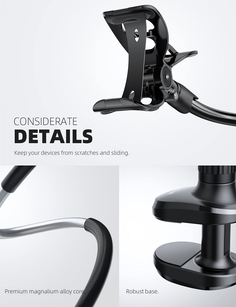 [Australia - AusPower] - Phone Holder Bed Gooseneck Mount - Lamicall Flexible Arm 360 Mount Clip Bracket Clamp Stand for Cell Phone XS Max XR X 8 7 6 Plus 5 4, S10 S9 S8 S7 S6, Overall Length 33.4In(Black) Black 
