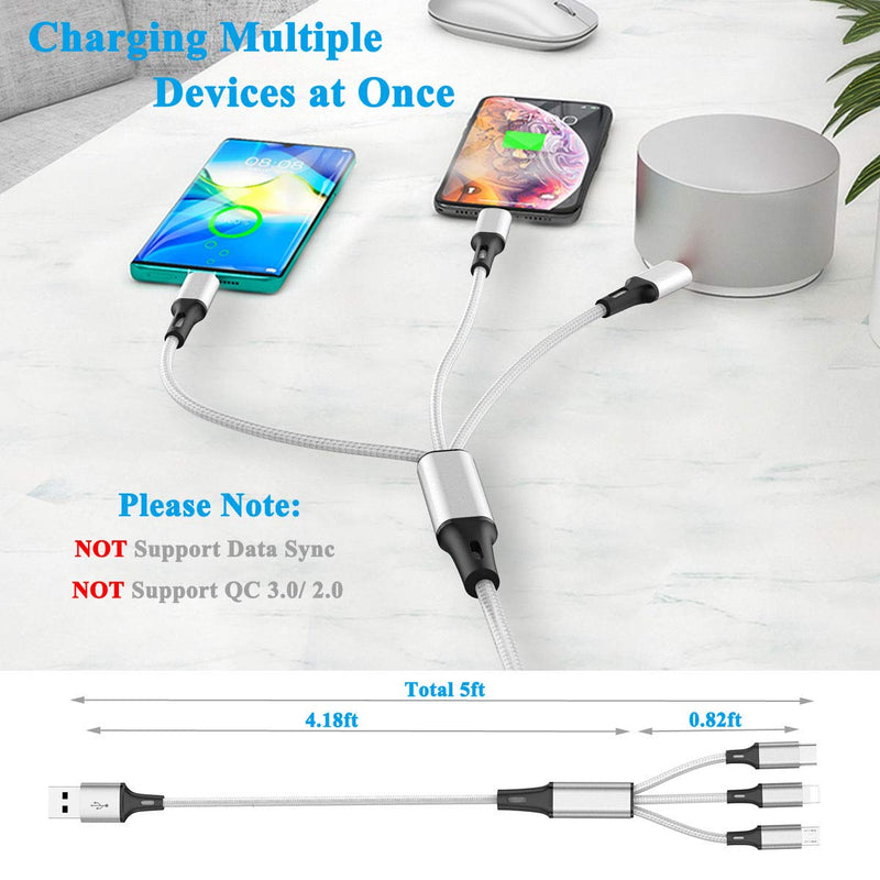 [Australia - AusPower] - Multi Charging Cable, (2Pack 5FT) Multi USB Charger Cable Aluminum Nylon 3 in 1 Universal Multiple Fast Charging Cord with Type-C/Micro USB Connectors for Most Phones & Tablets (Charging Only) 