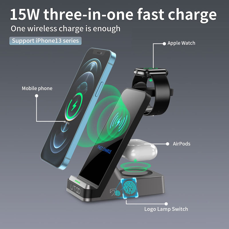 [Australia - AusPower] - Wireless Charger 3 in 1, UTOO 15W Fast Charging Station Dock for iWatch 7/SE/6/5/4/3/2/1, AirPods, iPhone13/13pro/max, 12/12 Pro/max/, 11 Series/XS/XR/XS/X/8/8 Plus/with QC3.0 Adapter(Black) Black 