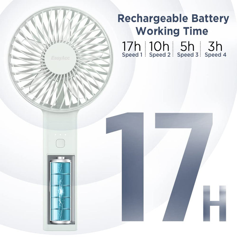 [Australia - AusPower] - Handheld Fan, EasyAcc 2022 Upgraded Portable Fan [ 4 Speed Quiet Powerful Hand Fan] 3-17 Hours Battery Operated Fan, One Touch Power Off Foldable USB Desk Fan Personal Fan for Home Travel Outdoor 3-17 Working Hours White 