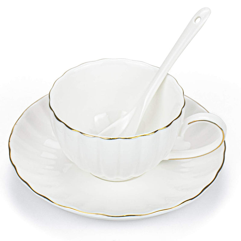 [Australia - AusPower] - Hedume Set of 6 Tea Cups and Saucers, 5oz Espresso Cups with Saucers and Spoons, Cappuccino Cups with Gold Trim British Coffee Cups for Specialty Coffee Drinks, Latte, Cafe Mocha and Tea 