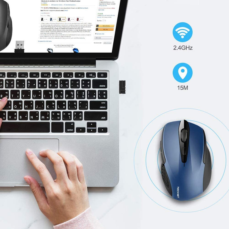 [Australia - AusPower] - Wireless Mouse, TECKNET Pro 2.4G Ergonomic Wireless Optical Mouse with USB Nano Receiver for Laptop,PC,Computer,Chromebook,Notebook,6 Buttons,24 Months Battery Life, 2600 DPI, 5 Adjustment Levels Blue 