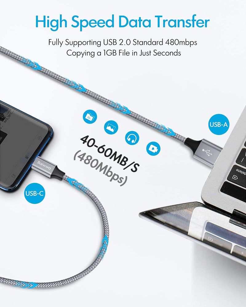 [Australia - AusPower] - [ 20ft/6m ] Extra Long USB C Cable, Baiwwa Premium Nylon Braided USB A to Type C Cable Charger Cord Compatible with Samsung Galaxy Note Tab, Moto, LG, Sony, Google and More USB C Smartphone & Tablet Grey-20ft 