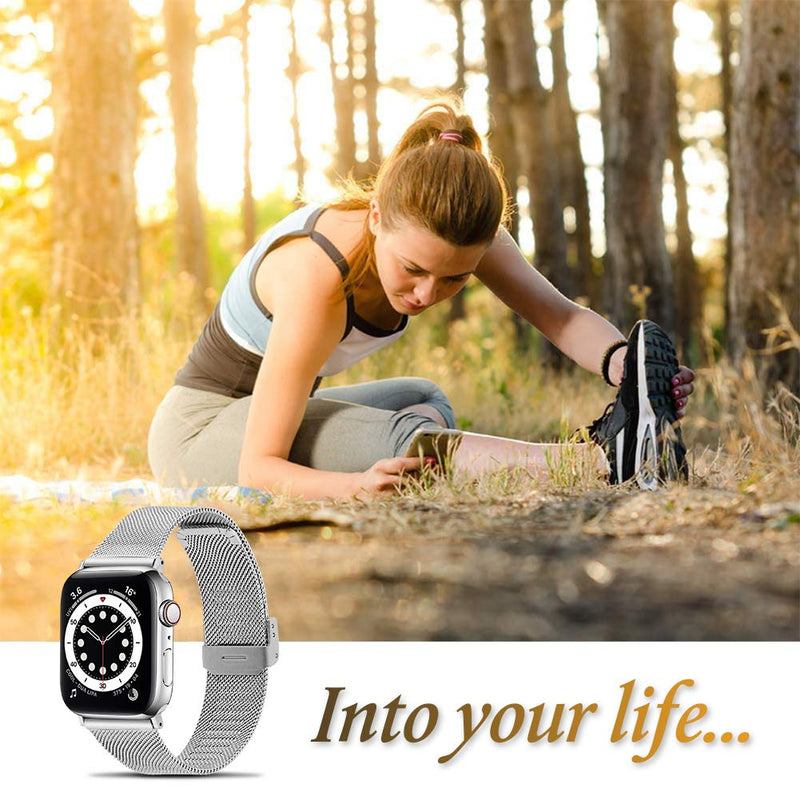 [Australia - AusPower] - OULUCCI Slim Bands Compatible with Apple Watch Band 38mm 40mm 42mm 44mm, Adjustable Metal Mesh Replacement Starp for Series 6/SE/5/4/3/2/1 Women Men Silver 38mm/40mm/41mm 
