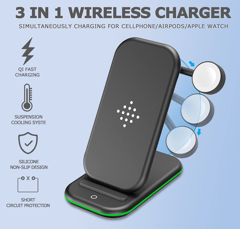 [Australia - AusPower] - Wireless Charging Station, Kodagia 3 in 1 Wireless Charger, Qi Certified Fast Charging Station Compatible with Apple iWatch Series, AirPods, iPhone 12/12 Pro/12 Pro Max/11pro/11proMax, Include Adapter 