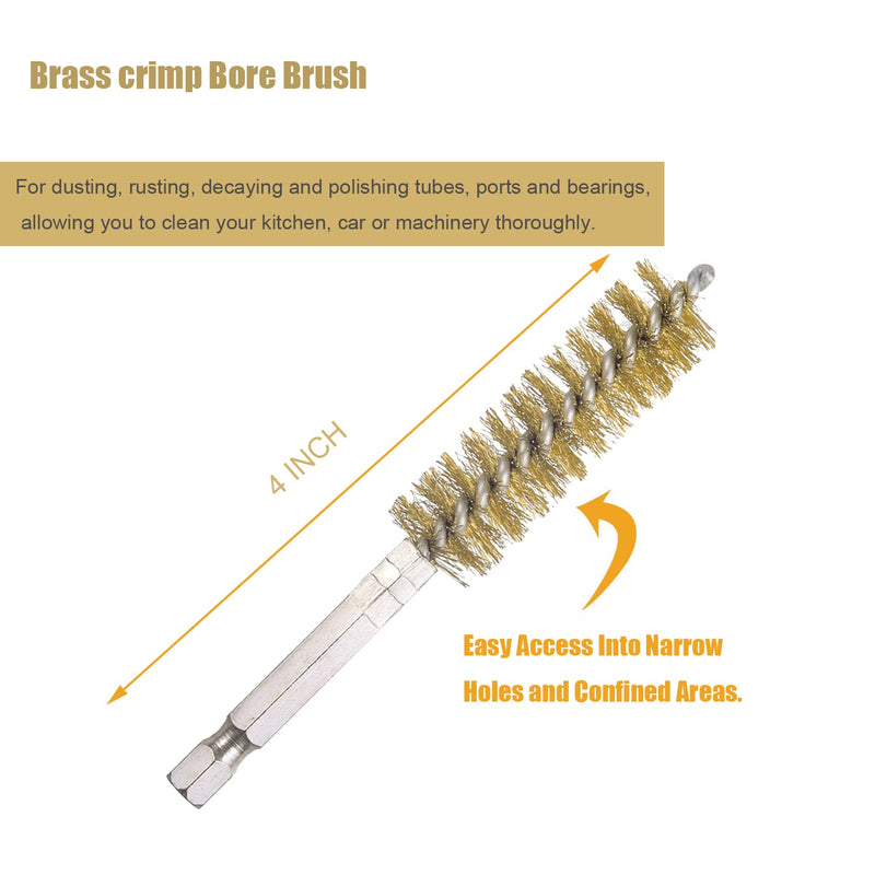 [Australia - AusPower] - WENORA 10 Piece Bore Brush Set- Stainless Steel Bore Brushes with 1/4" Hex Shank Twisted Wire Bore Brushes with Different Bristle Lengths for Tubes Ports Bearings Cleaning, 4 Inch in Length Brass coating 