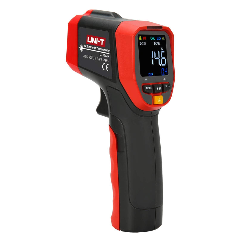 [Australia - AusPower] - UNI-T UT301A+ Infrared Thermometer, Not for Human, -25.6°F to 788°F (-32°C to 420°C) Non-Contact Digital Laser Temperature Gun with LCD Display, Red & Grey 