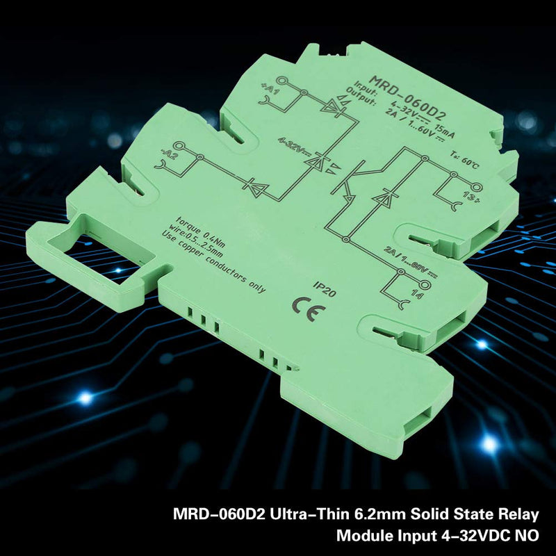 [Australia - AusPower] - DIN Rail Relay Module, MRD-060D2 Ultra-Thin DIN Rail Mount Relay 6.2mm Solid State Relay Module Input 4-32VDC NO with LED Input State Indicator 