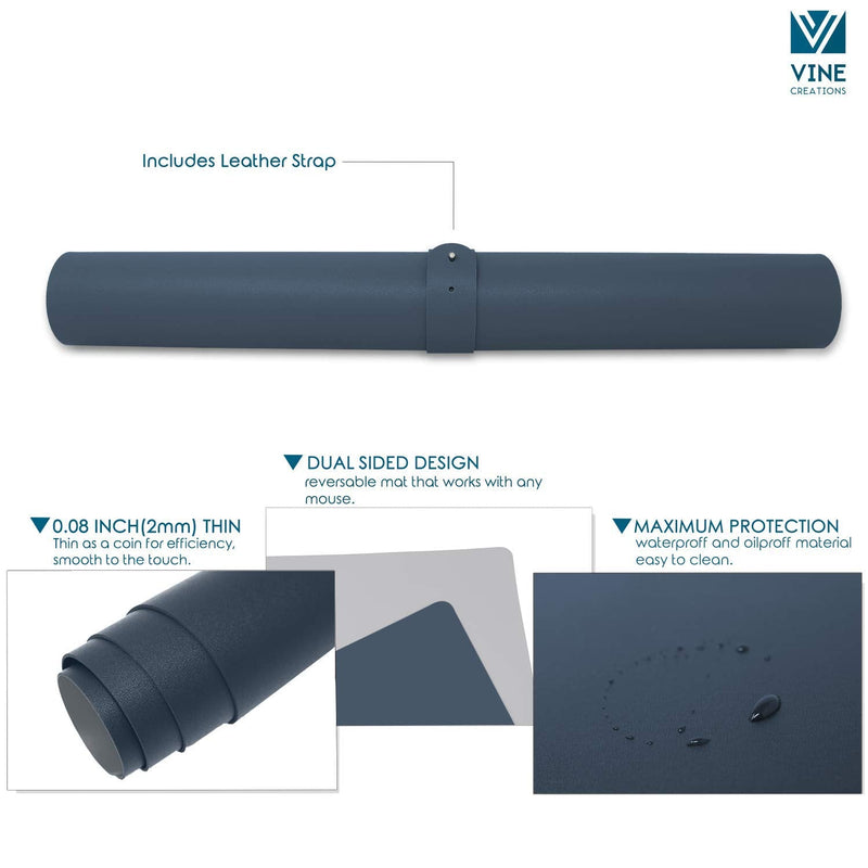 [Australia - AusPower] - Leather Desk Pad 24" x 17", Vine Creations Office Desk Mat Waterproof Dark Blue/Gray, Smooth PU Leather Mouse Pad and Writing Surface, Top of Desks Protector, Dual-Sided Blotter Accessories Decor 24" x 17" 