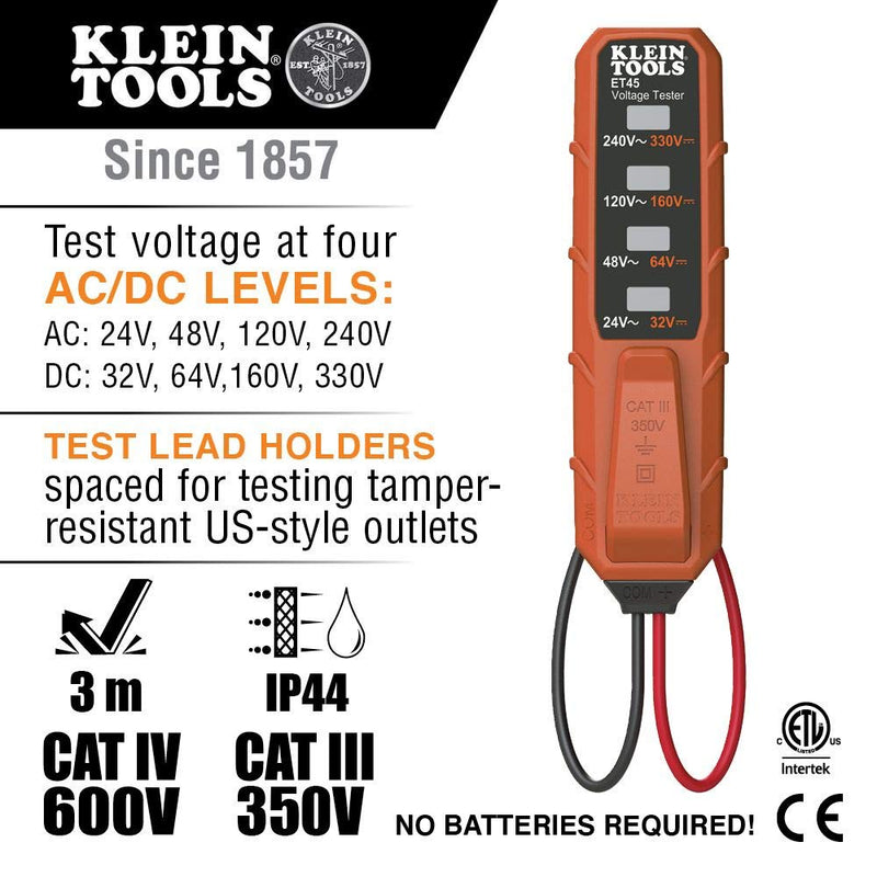 [Australia - AusPower] - Klein Tools ET45 Voltage Tester, AC Voltage, DC Voltage, Low Voltage Electric Tester, No Batteries Needed 24/240 V 