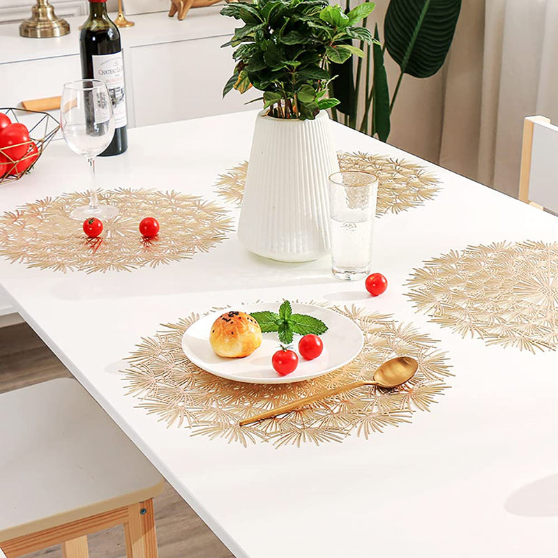 [Australia - AusPower] - Round Gold Placemats Set of 6- Elegant Tablemats-Dandelion Flower Shape Placemats Vinyl Place Mats for Kitchen Dining Table Holiday Wedding Decorative 