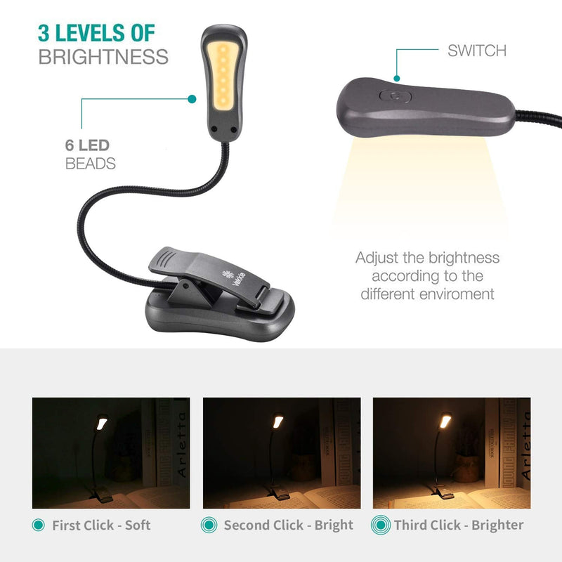 [Australia - AusPower] - Vekkia Rechargeable-Book-Light-for-Reading-in-Bed, 3000K Warm 6 LED 3 Brightness Lamp (Iron) Iron 
