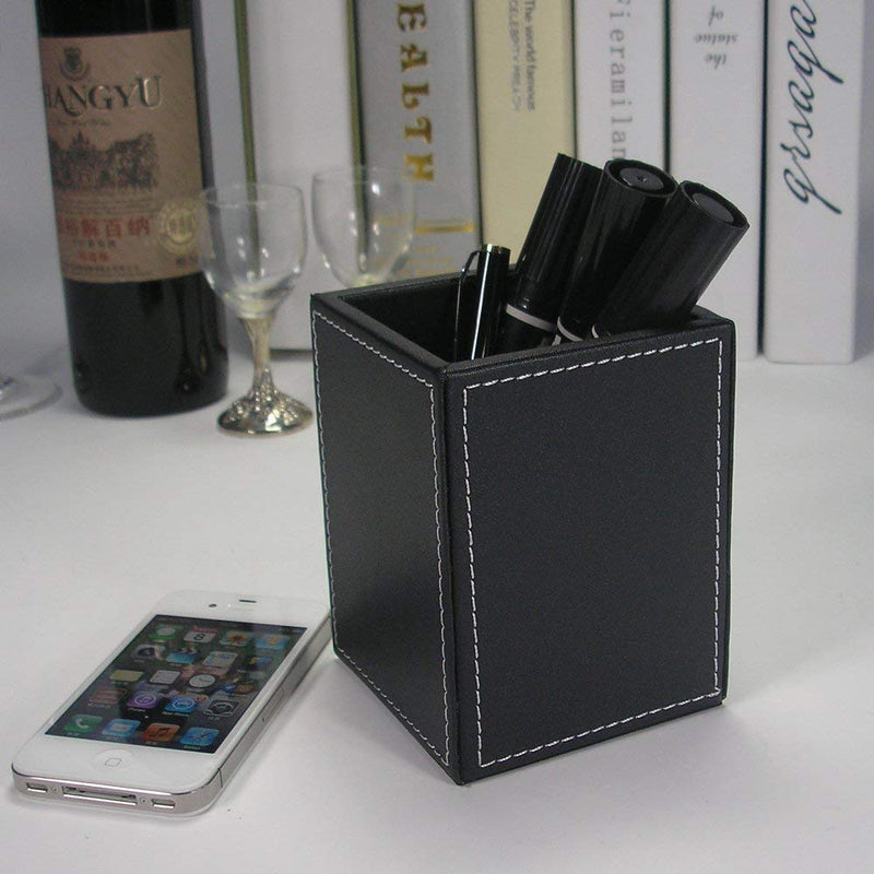 [Australia - AusPower] - KINGFOM PU Leather Square Pens Pencils Holder Cup Desktop Stationery Organizer Case Office Accessories Container Box (Black) 