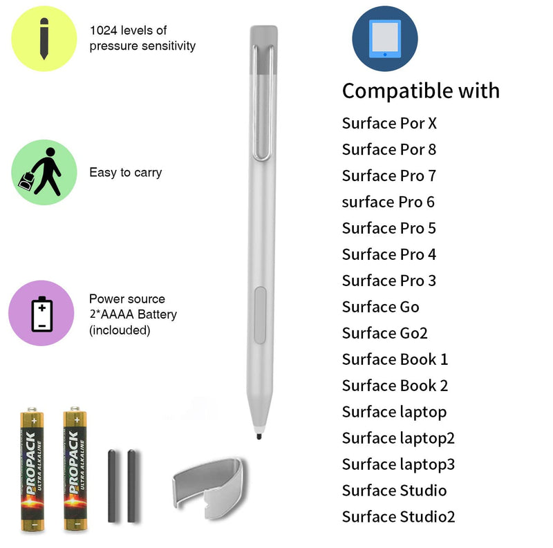 [Australia - AusPower] - SSS·GRGB Stylus Pen for Microsoft Surface, Compatible with Surface Pro X/8/7/6/5/4/3, Surface Book 3/2/1, Surface Go, Surface Laptop with1024 high Pressure Sensitivity (Silver) Silver 