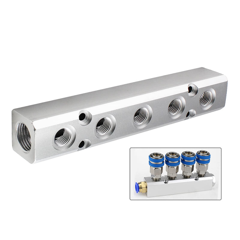 [Australia - AusPower] - LDEXIN 5 Way Pneumatic Manifold Air Distribution Block, Compressed Air Manifold Pneumatic Block, Air Coupler Fast Connector for Pneumatic Air Compressor, Silver 