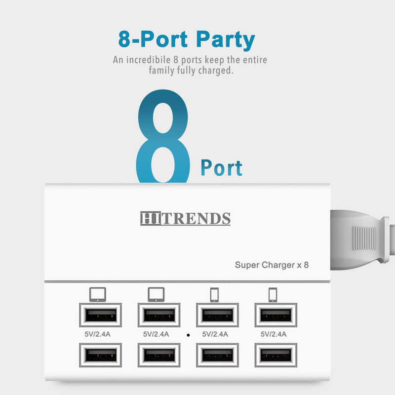 [Australia - AusPower] - USB Charger, HITRENDS 8 Ports Charging Station 60W/12A Multi Port USB Charging Hub for Multiple Devices (5ft Cord, White) 