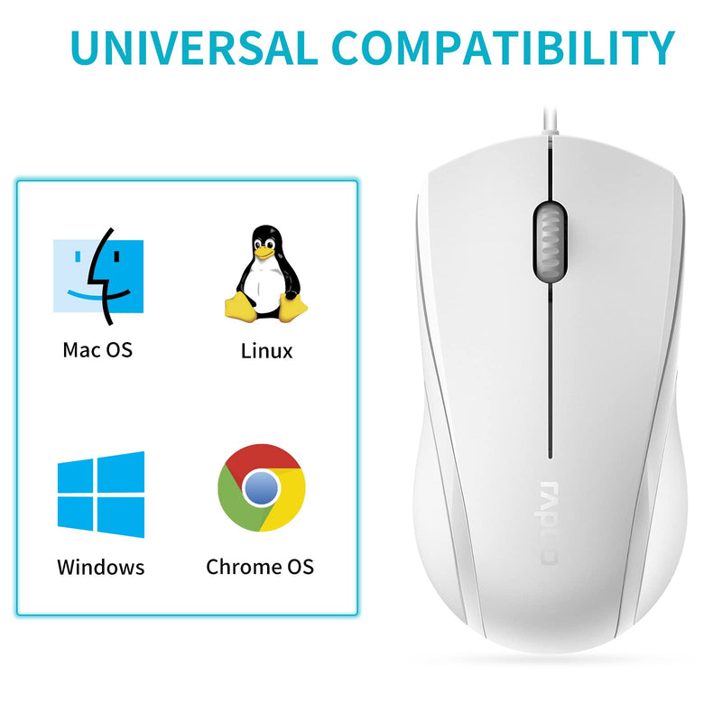 [Australia - AusPower] - Rapoo N1600 3-Button Quiet Wired Mouse, 1000DPI Optical Mouse, Quiet Button, Ergonomic Shape, for Desktop Computers Laptops, Matte White 