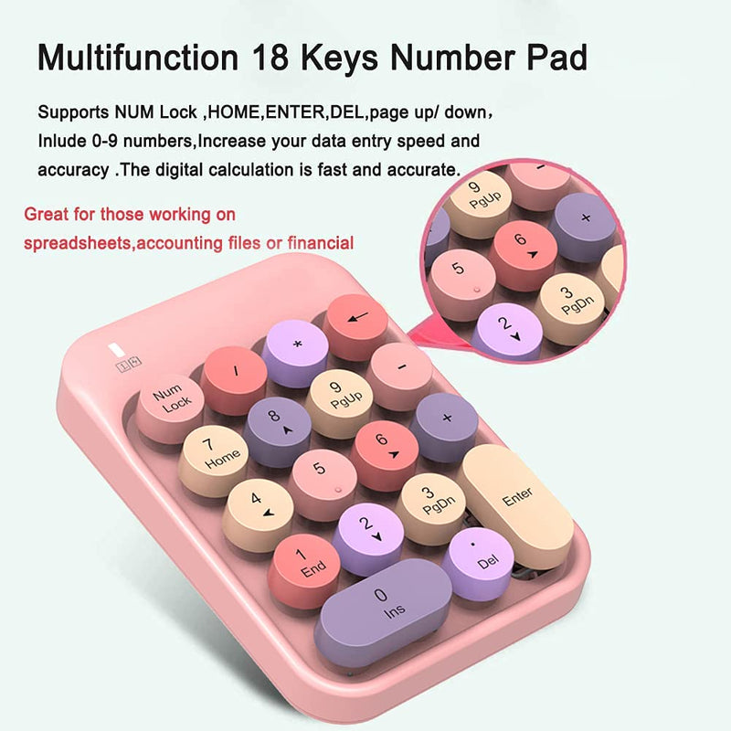 [Australia - AusPower] - ALKEM Wireless Number Pad 2.4GHz Wireless Numeric Keypad Retro Style Round Keycaps Numpad 18 Keys Portable Number Keyboard with USB Receiver for Laptop, Notebook, Surface, Mac, Pad (Pink) Pink 