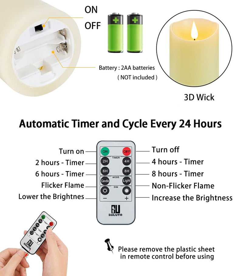 [Australia - AusPower] - Guluto Flameless Candles, Battery Operated Candles with Remote and Timer, 3" x 5", Set of 2, LED Candles Flickering Electric Pillar Candles, Ivory Real Wax for Home Wedding Birthday Decoration Set of 2,D3" x H5" with Remote 