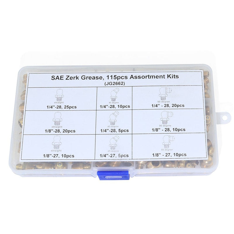 [Australia - AusPower] - Boeray 115pcs 1/4” 1/8” Hydraulic Grease Brass Zerk Fitting SAE Standard Assortment Kit-Straight, 90-Degree, 45-Degree Angled Zerk Assortment Set 115pcs SAE 