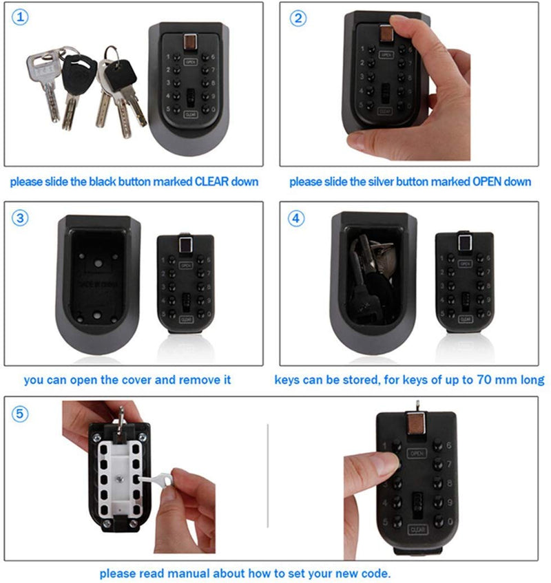 [Australia - AusPower] - Lospu HY Indoor & Outdoor Key Lock Box Wall Mounted Push Button Combination Key Safe Storage Security Lock Box with Black Rubber Cover & Wall Bolt Fixings for 5 to 7 Mortise Style Keys 