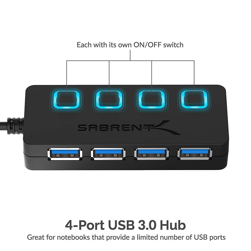 [Australia - AusPower] - SABRENT 4-Port USB 3.0 Hub with Individual LED Lit Power Switches, Includes 5V/2.5A Power Adapter (HB-UMP3) 