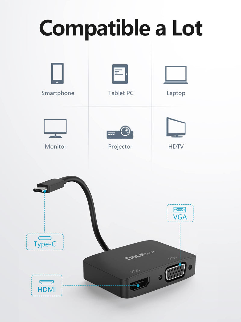 [Australia - AusPower] - USB C Video Adapter, Type C HDMI VGA Adapter 4K@60Hz, USB C VGA Adapter 1080P, Dockteck USB-C VGA Splitter for MacBook Pro/Air, iPad Pro/Air, Chromebook, Surface Pro/Go, Dell Xps, Pixelbook, Galaxy Black-4K@60Hz 