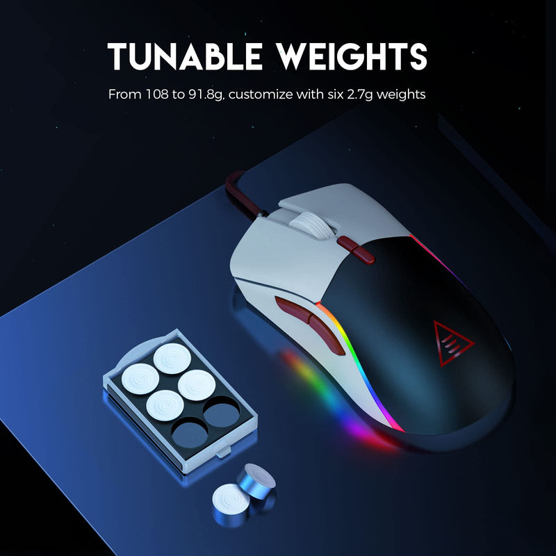[Australia - AusPower] - EKSA Gaming Mouse Wired, USB Mice with 13 RGB Backlit, 6 Adjustable DPI Up to 12000, Tunable Weights Ergonomic Mouse ,7 Programmable Buttons, PC/Mac Computer White 