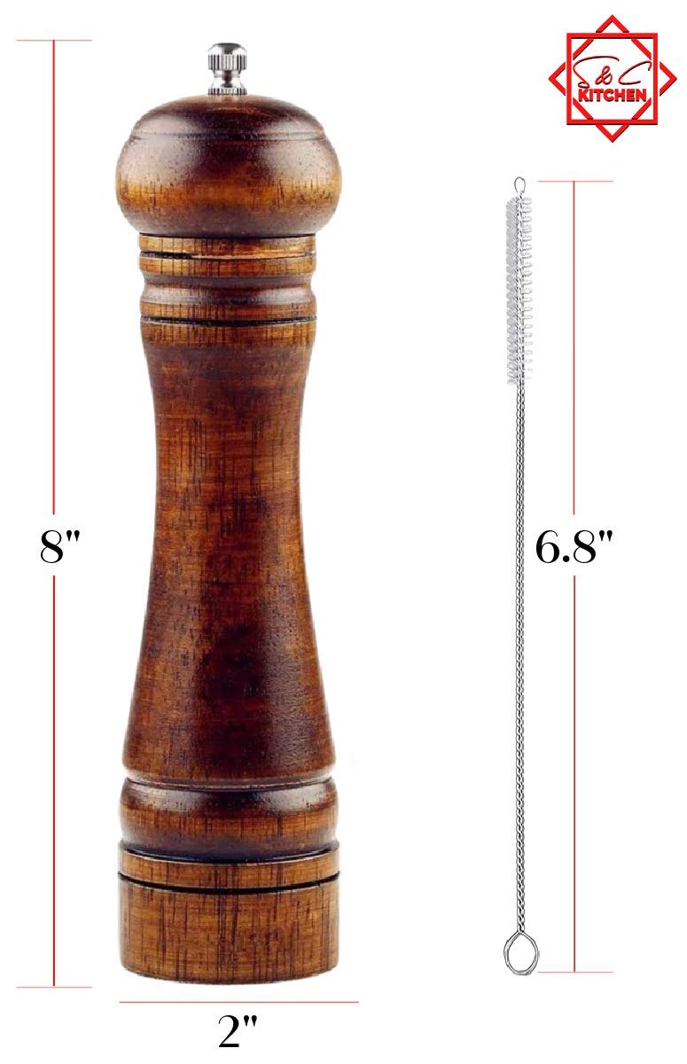 [Australia - AusPower] - Wooden Pepper Mill or Salt Mill with a cleaning brush - 8 inch tall - Best Pepper or Salt Grinder Wood with a Adjustable Ceramic Rotor and easily refillable - Oak Wood Pepper Grinder for your kitchen 