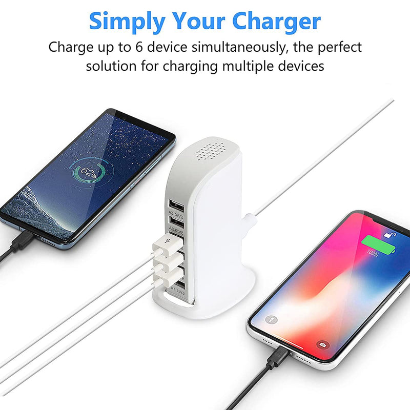 [Australia - AusPower] - USB Charger, 30W 6 Ports Desktop Fast Charging Station, USB Charging Hub, Charging Station for Multiple Devices iPhone, iPad, Android, Smart Watch and Virtually All Other USB Enabled Devices (White) White 