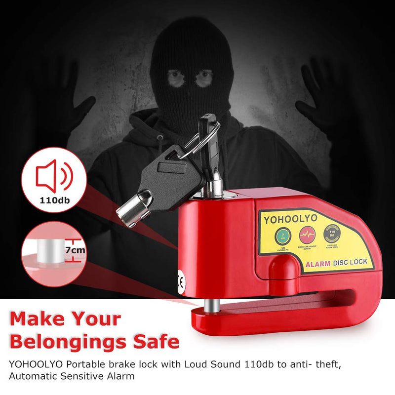 [Australia - AusPower] - YOHOOLYO Alarm Disc Lock Motorcycle Disc Brake Lock Anti-Theft Waterproof 110 dB 7mm Pin 5ft Reminder Cable for Motorcycles Bike Scooter Carry Pouch (Red) Red 