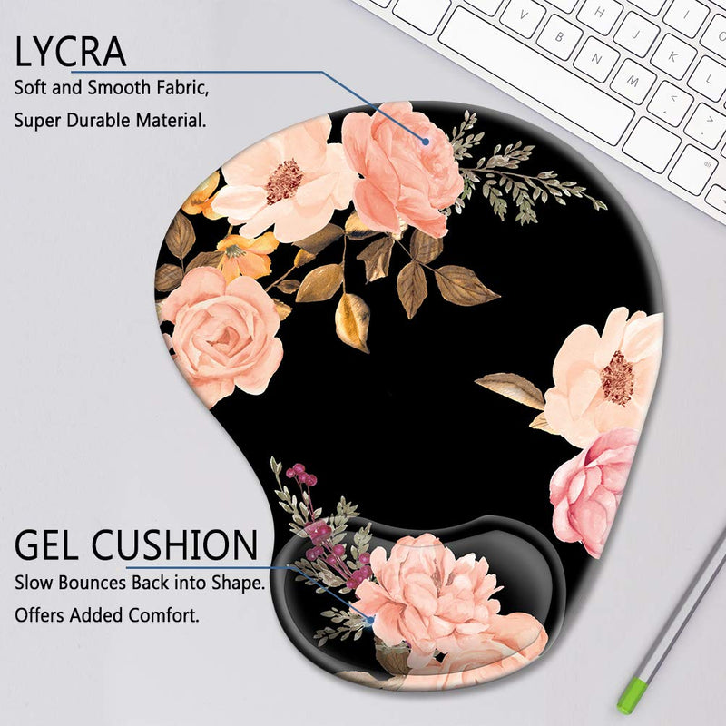 [Australia - AusPower] - Ergonomic Mouse Pad with Gel Wrist Rest Support, HOMKUMY Cute Mouse Pads with Non-Slip Rubber Base Wrist Rest Pad for Home, Office & Travel Easy Typing & Pain Relief, Peony Black 