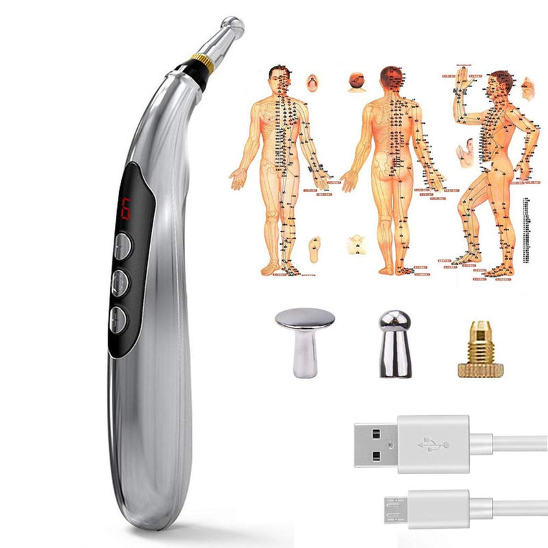 [Australia - AusPower] - Acupuncture Pen Electronic Accupressure Pen, USB Rechargeable Pain Relief Electric Meridians Energy Pen Massager Pen Pain Relief Massage Tool with 3 Massage Heads & 2 Massage Gel 
