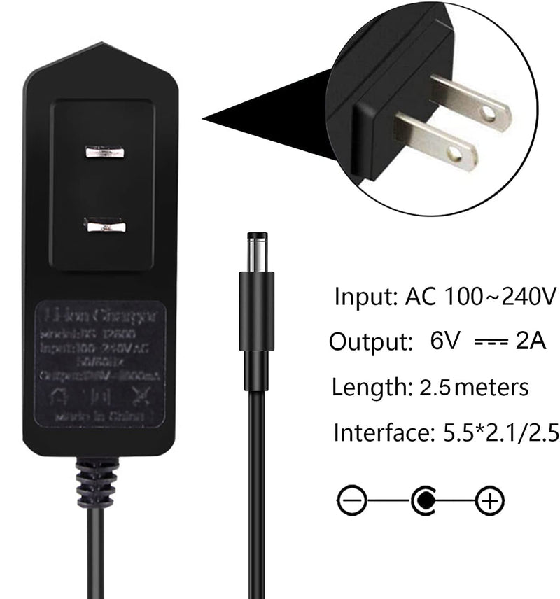 [Australia - AusPower] - 6V 2A 12W AC/DC Adapter, Wall Charger, 5.5mm x 2.1mm & 2.5mm (Center Positive) DC Plug Compatible for 6 Volt 2A 1.5A 1A 800mA 700mA 600mA 500mA 300mA 100mA Equipment Power Supply Cable Cord -8.2ft 